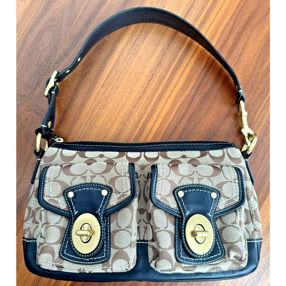 RARE Vintage Y2K Coach Legacy Black Khaki Monogram Turnlock Shoulder Bag F12869